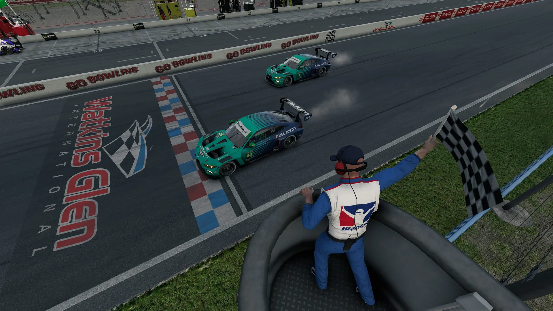 BMW M4 GT3 cars racing at the 2026 VCO Grand Slam Watkins Glen event on iRacing.