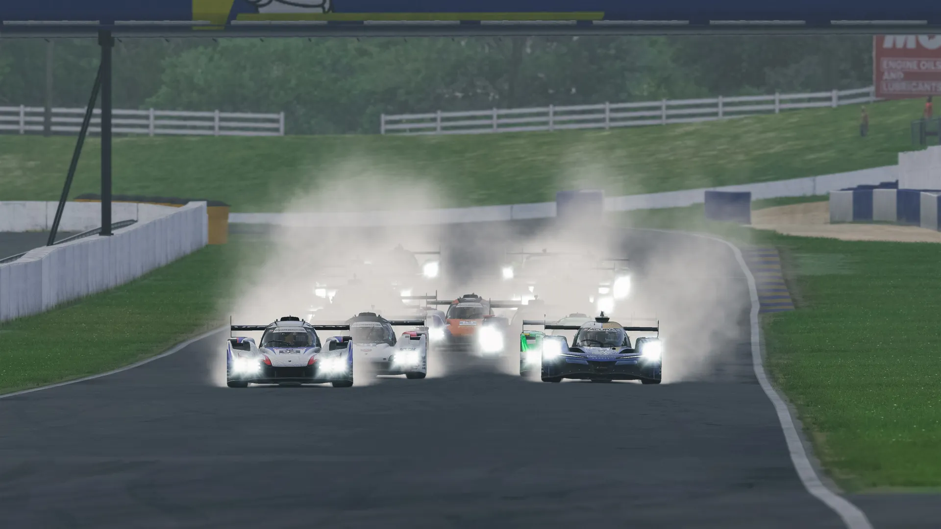 Sports cars racing through spray at the 2026 IMSA Esports Road Atlanta round on iRacing.