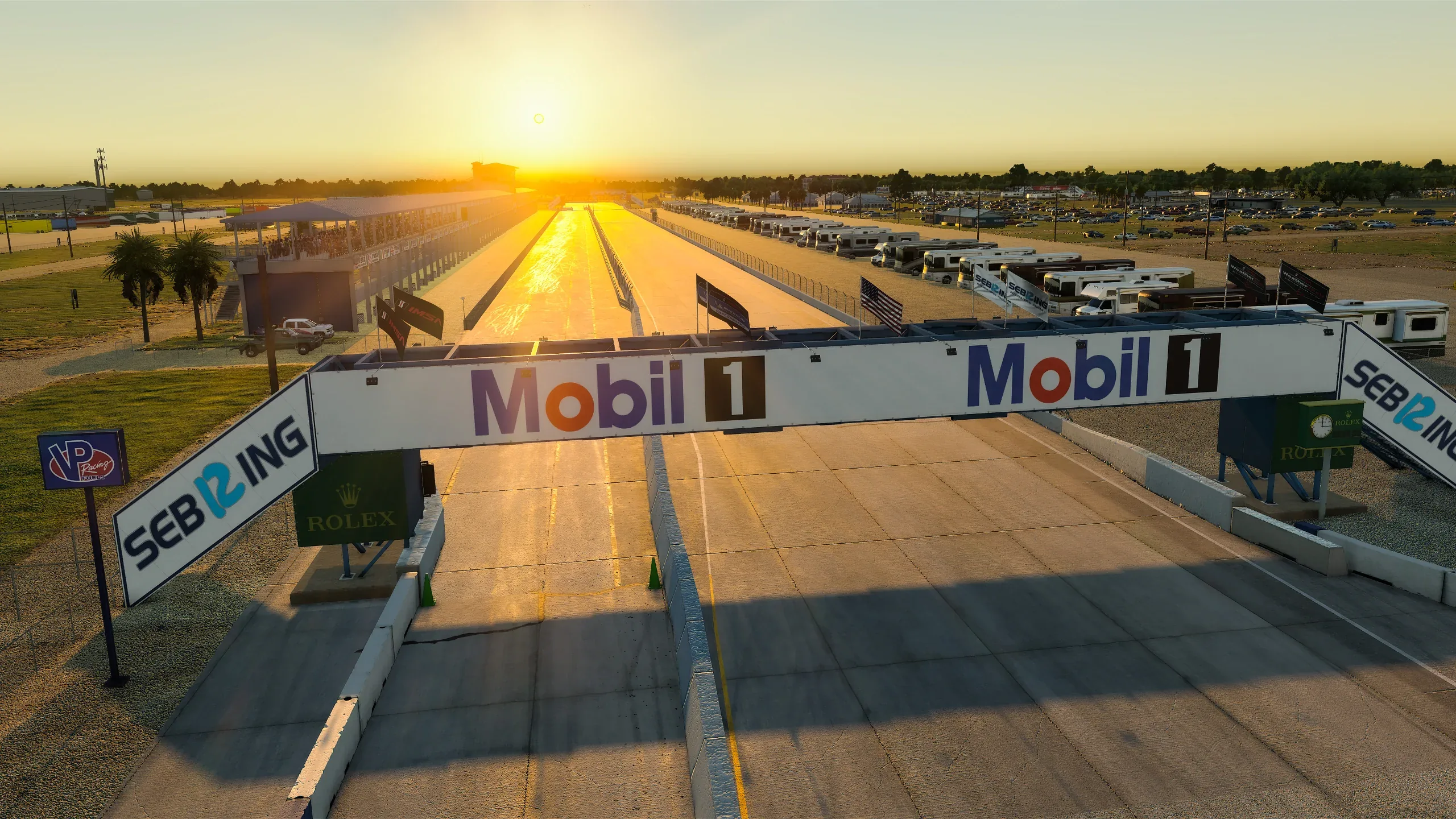 Sunrise over the start-finish straight and pit lane at Sebring International Raceway.