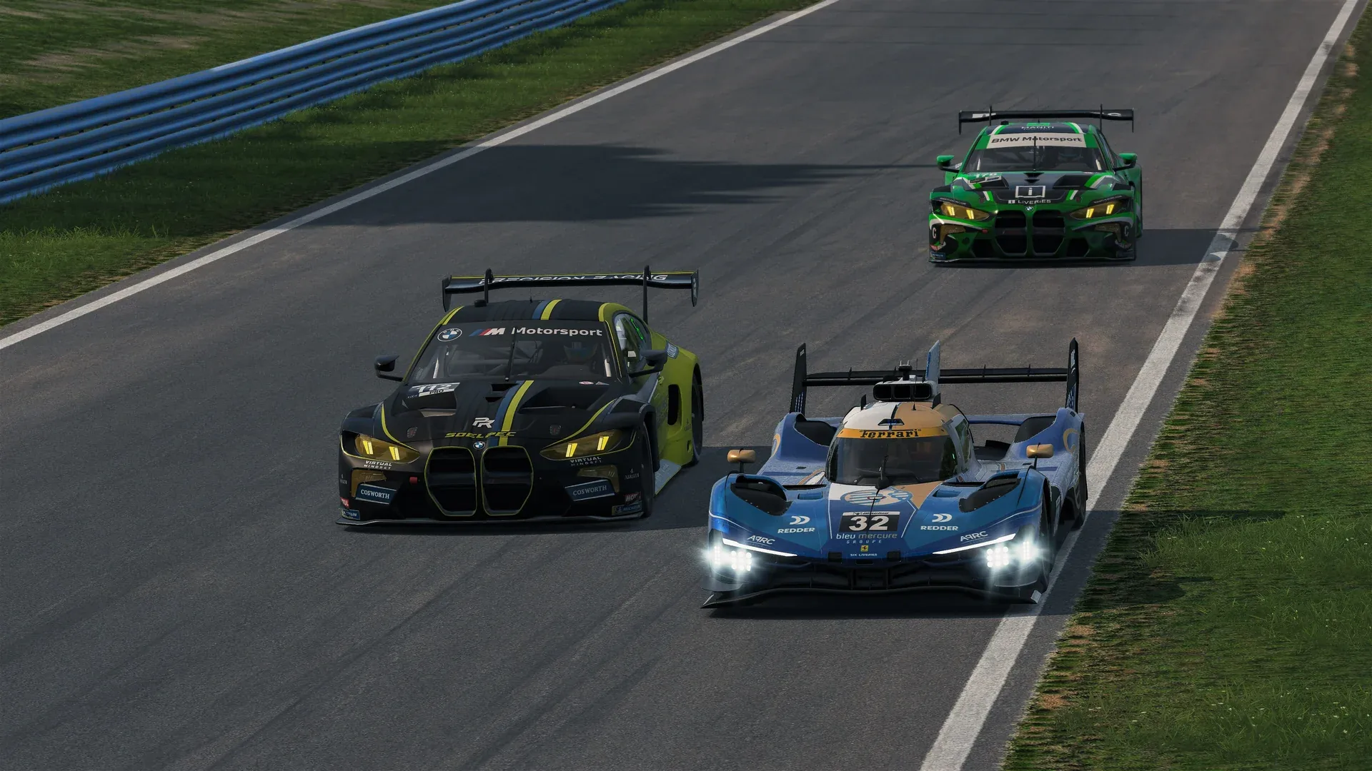 A Ferrari 499P and BMW M4 GT3 racing together at the 2026 VCO Grand Slam Watkins Glen event on iRacing.