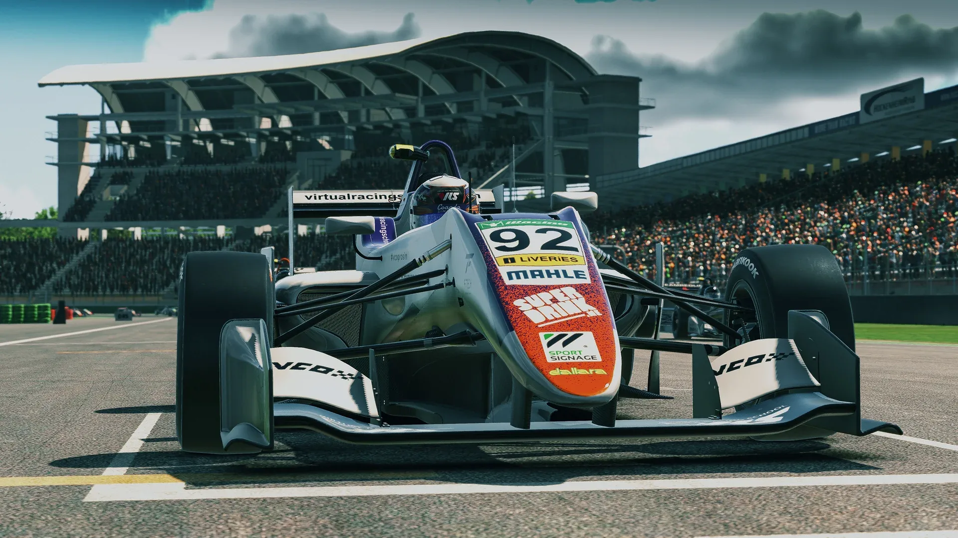 A Coanda Simsport Dallara F3 viewed head-on in the 2021 VCO ProSIM Series on iRacing.
